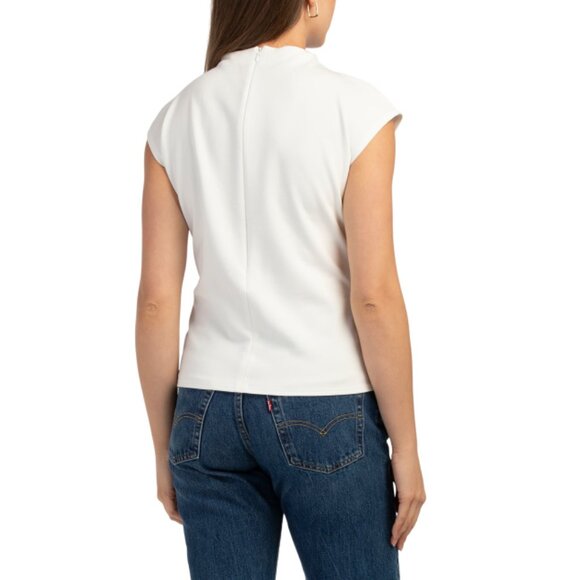 MODERN WORKS Ivory Scuba Ponte Short Sleeve Knot Side Mock Neck Top - Picture 2 of 2